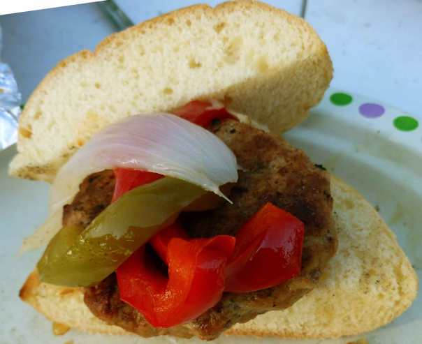 Hot Italian Sausage Burger with Peppers and Onions