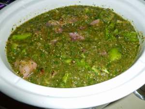 Salsa Mixture over Pork, Italian Pepper, Onions and Celery in Crock Pot before cooking