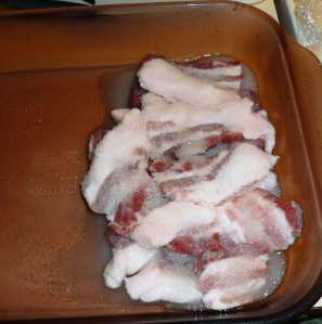 Pork belly slices after curing for 2 days in fridge