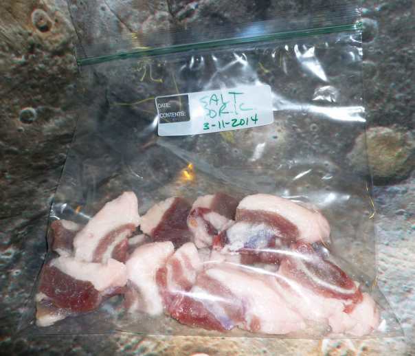 Salt pork in a resealable plastic bag ready to go into the freezer