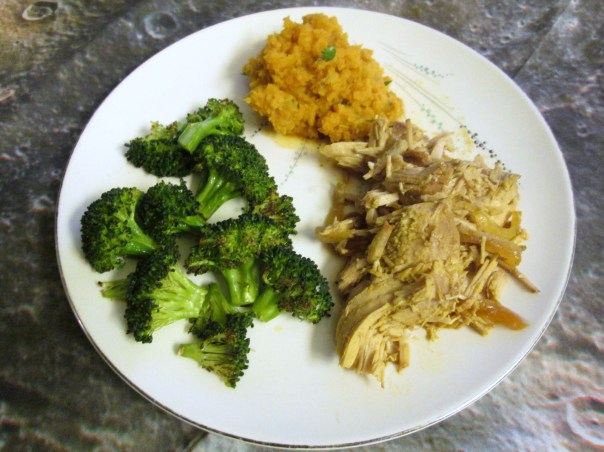 Slow Cooker Pork Roast with roasted broccoli and mashed sweet potatoes