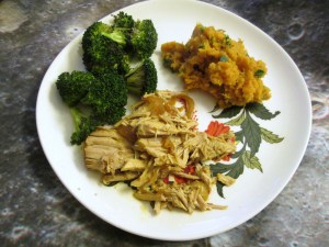 Slow Cooker Pork Roast with roasted broccoli and mashed sweet potatoes on Surviving the Food Allergy Apocalypse